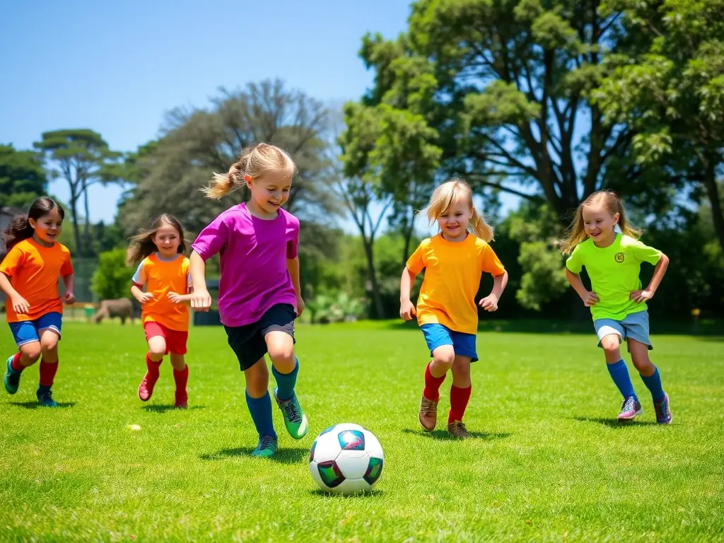 A vibrant image of children participating in a soccer game, showcasing teamwork and physical activity in a community setting.