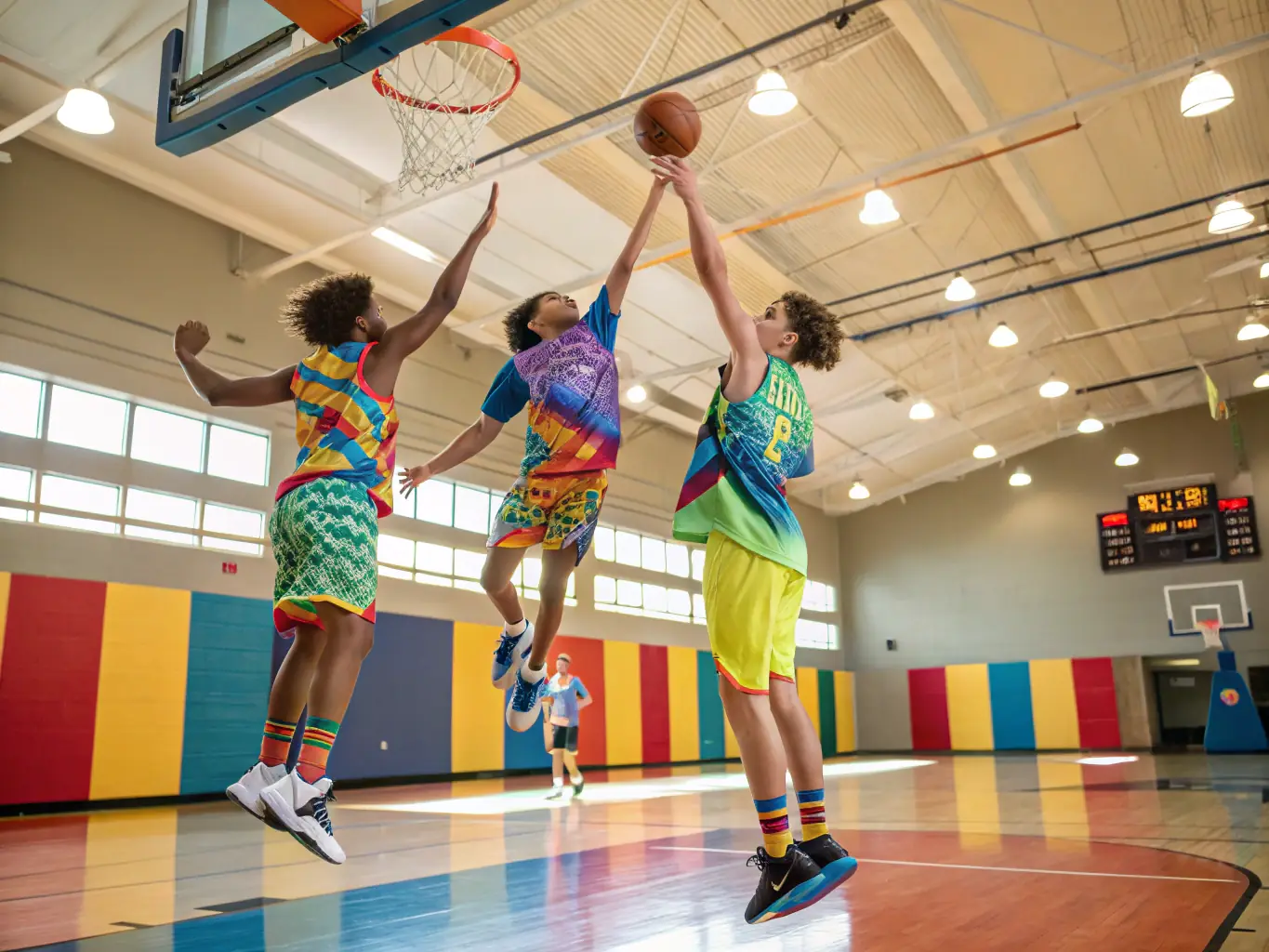 A dynamic image of children participating in a basketball clinic, showcasing skill-building and teamwork.