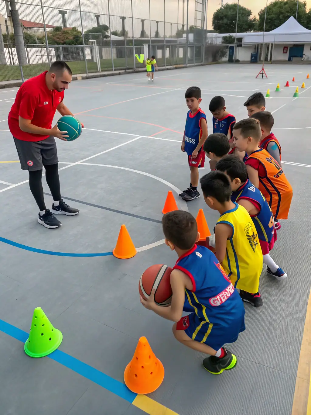 Children learning basic basketball skills during a LE ROSEAU GAILLARD sports clinic, showcasing skill development and active learning.