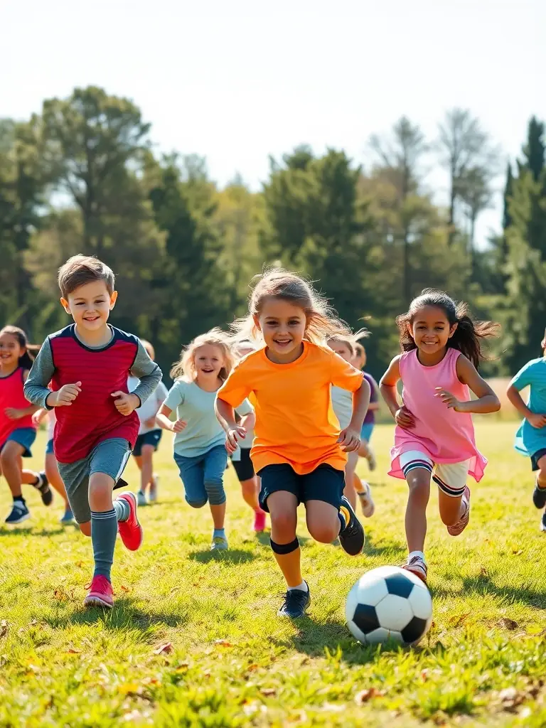 A group of children playing soccer in a park, wearing colorful jerseys and smiling, representing the youth sports program offered by LE ROSEAU GAILLARD.