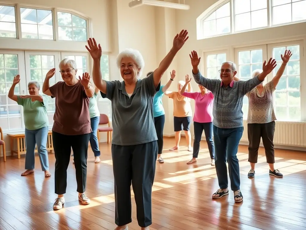 A group of seniors participating in a gentle exercise program at a local community center, emphasizing the senior-focused activities provided by LE ROSEAU GAILLARD. The setting is comfortable and supportive.