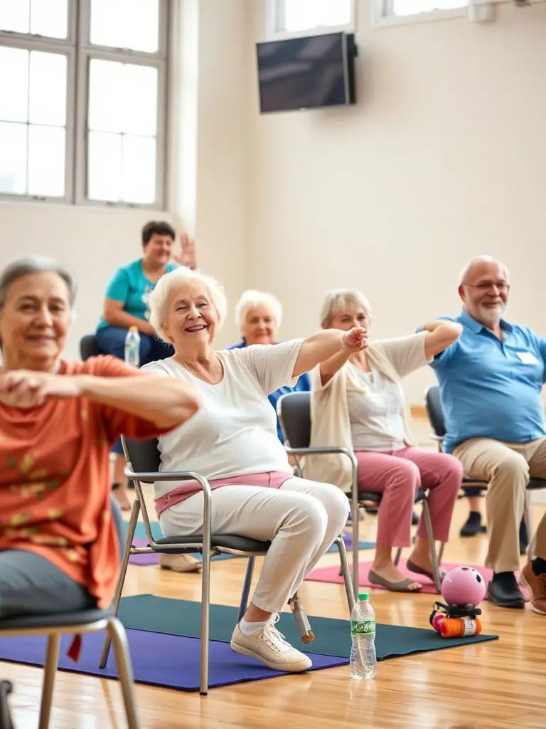 A group of seniors participating in a gentle exercise class, laughing and interacting, highlighting the social benefits of LE ROSEAU GAILLARD.