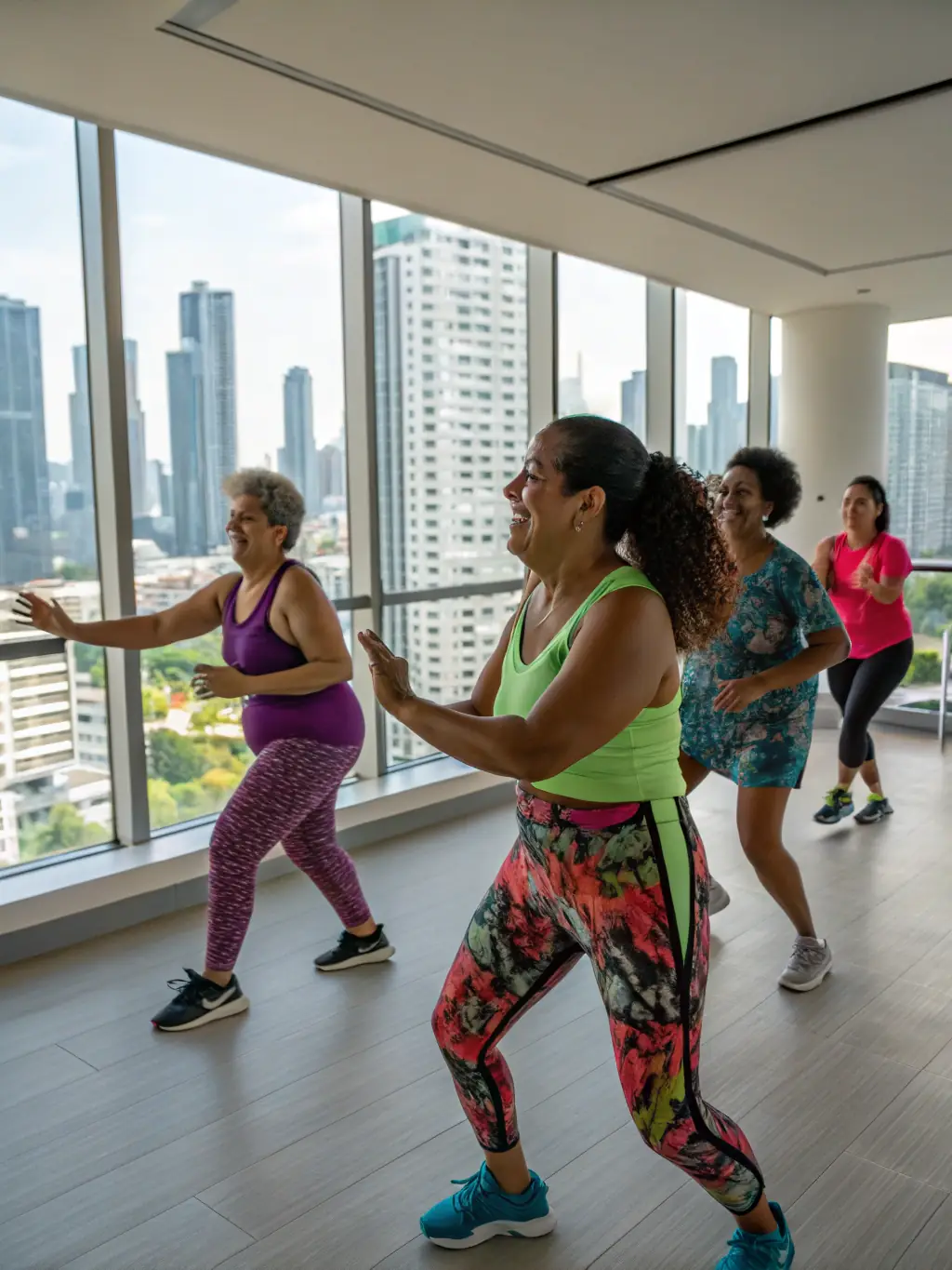 A diverse group of adults participating in a Zumba class in a community center, showcasing the inclusive fitness programs provided by LE ROSEAU GAILLARD.