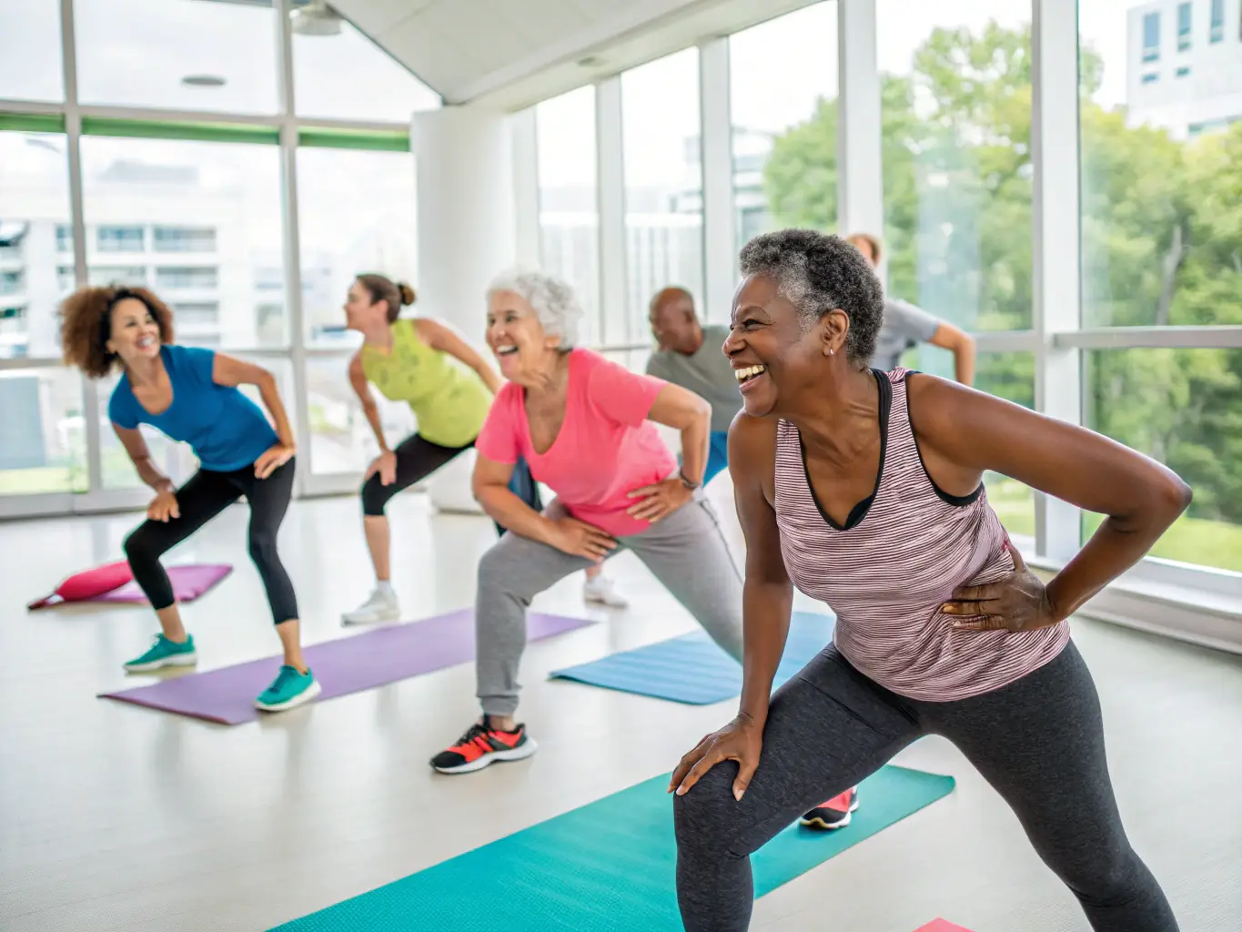 An image of adults participating in a group fitness class, highlighting the benefits of exercise and community support.