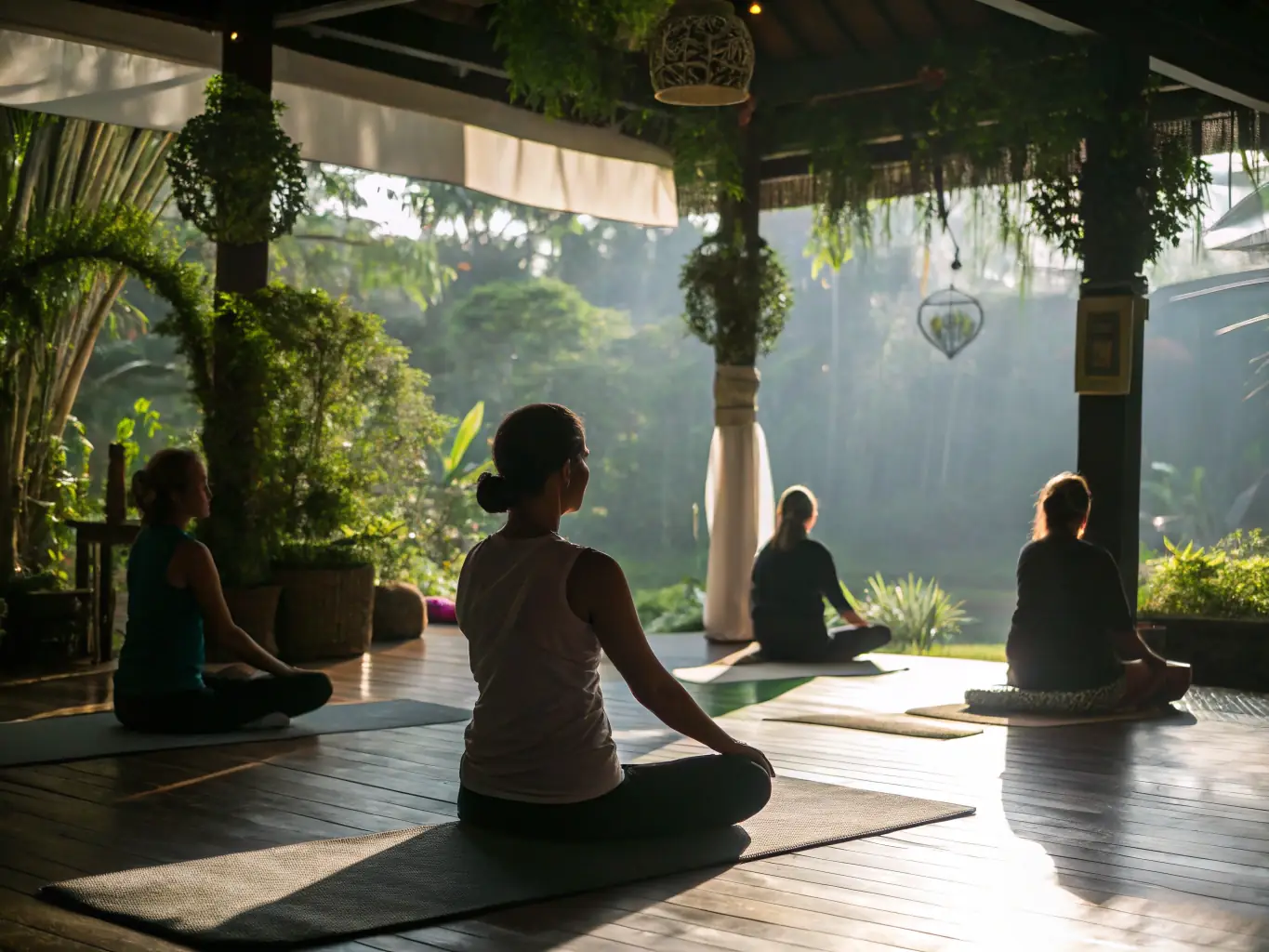 A group of adults participating in a yoga session in a serene park setting, emphasizing relaxation and wellness.