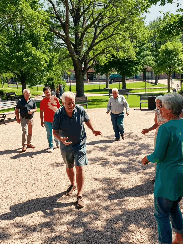 A group of seniors playing pétanque in a park, highlighting the senior-focused recreational activities organized by LE ROSEAU GAILLARD.