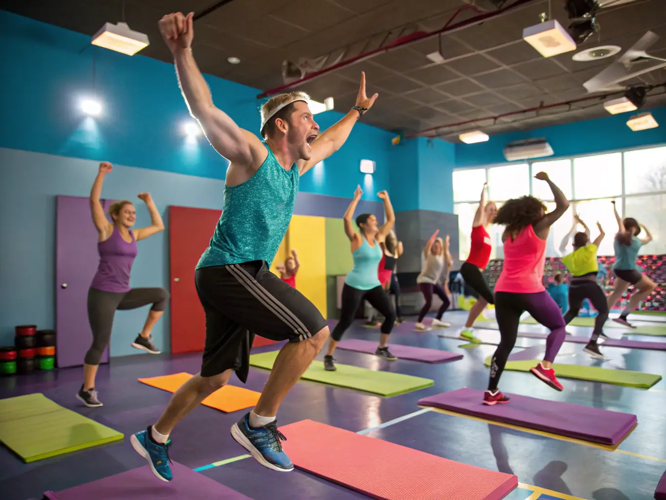 A diverse group of adults participating in a fitness class at a community center, highlighting the adult fitness programs offered by LE ROSEAU GAILLARD. The atmosphere is encouraging and inclusive.