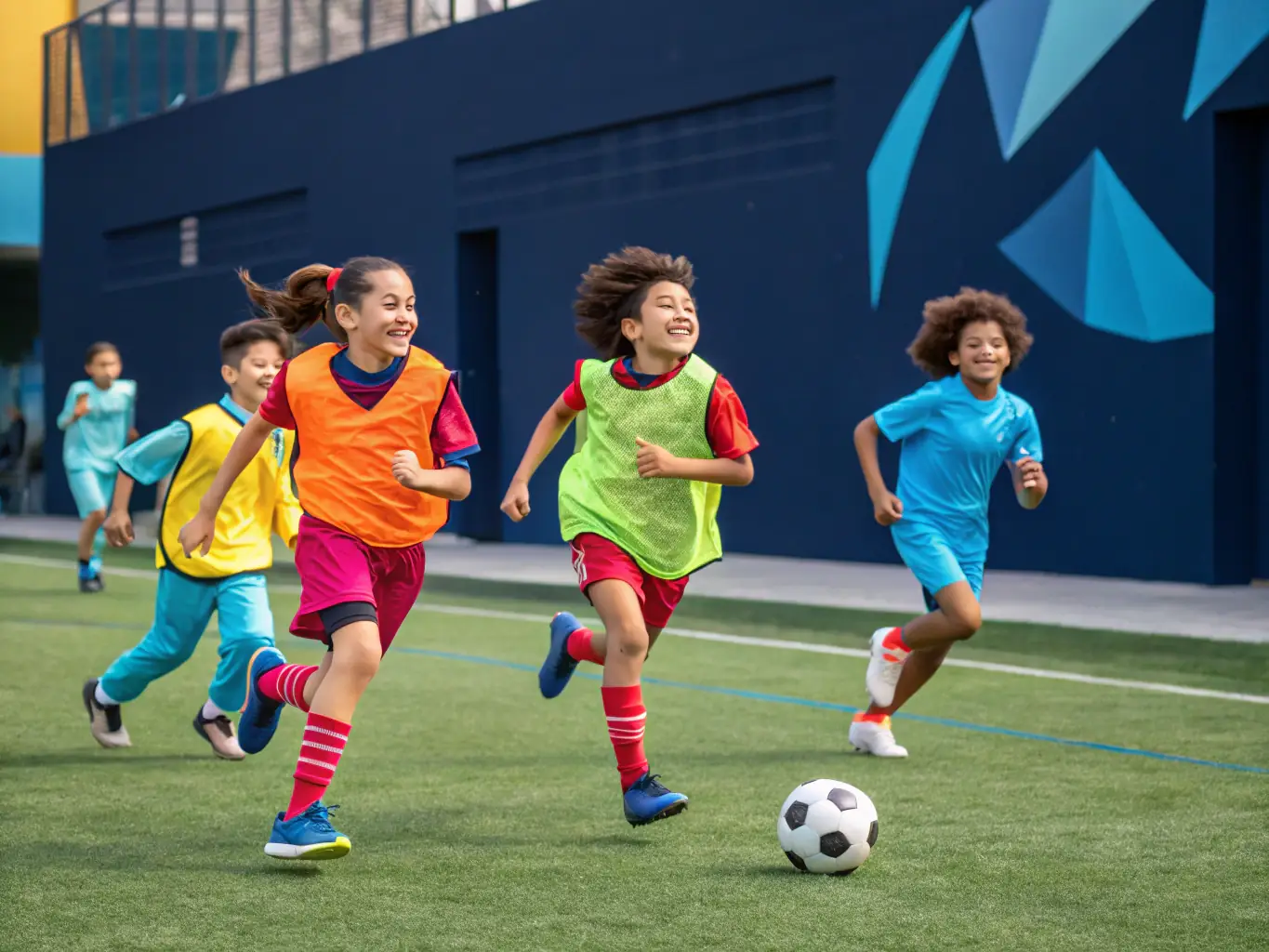 A group of children playing soccer in a park, showcasing a youth sports program organized by LE ROSEAU GAILLARD. The scene is vibrant and energetic, with children of diverse backgrounds participating.
